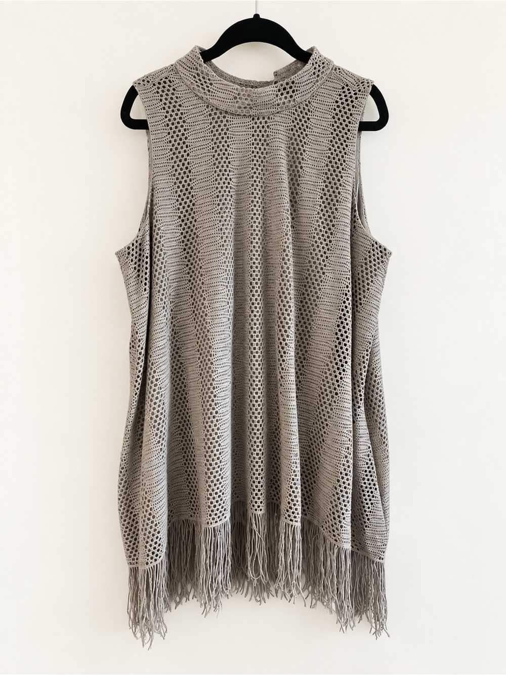 Sleeveless Gray Crochet Fringe Tunic top - New Directions XL